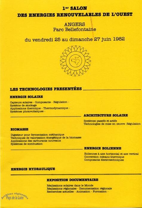 Document détaillant les technologies présentées au 1er salon des énergies renouvelables de l'Ouest, à Angers en juin 1982