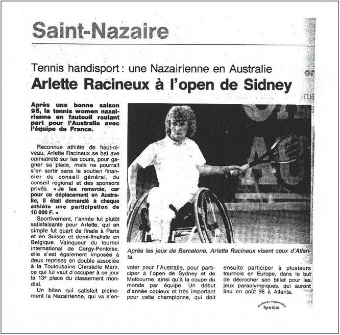 Coupure de presse Ouest France du 19 janvier 1996 sur la joueuse de tennis handisport Nazairienne Arlette Racineux avant son départ pour l'Open de Sydney.