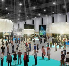 image de synthèse du hall d'exposition avec visiteurs et méduses géantes
